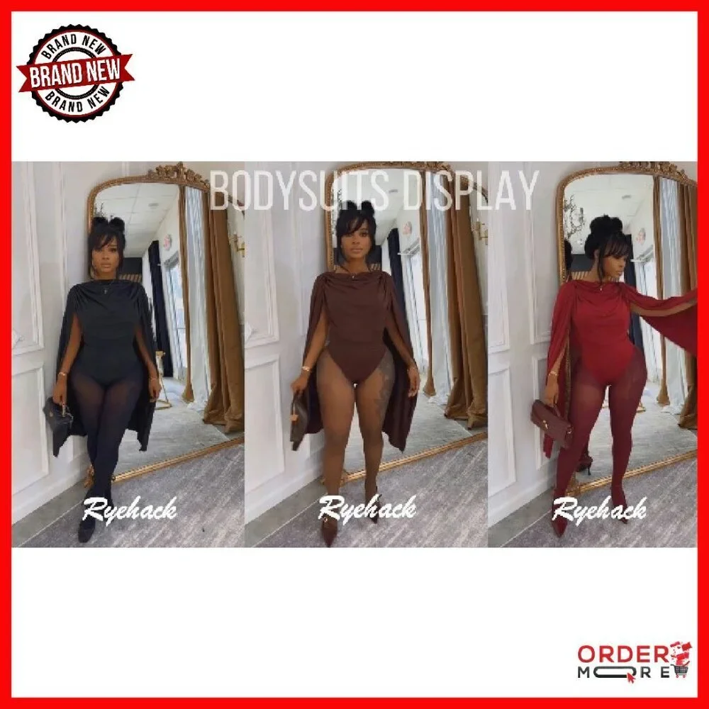 Sexy Two Piece Set Draped Cape Bodysuit Mesh Pants Date Night Outfit